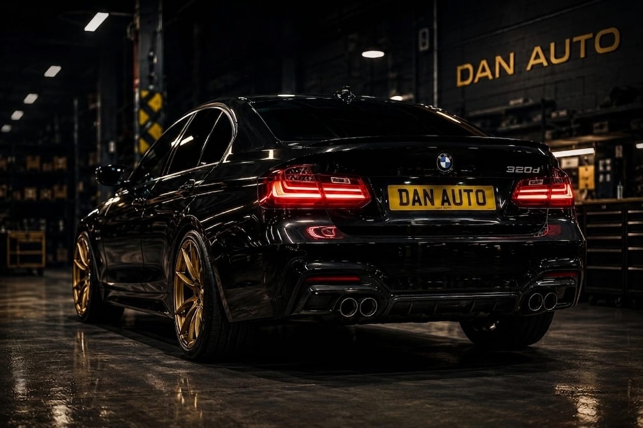 Black BMW 320d with gold wheels in Dan Auto workshop.