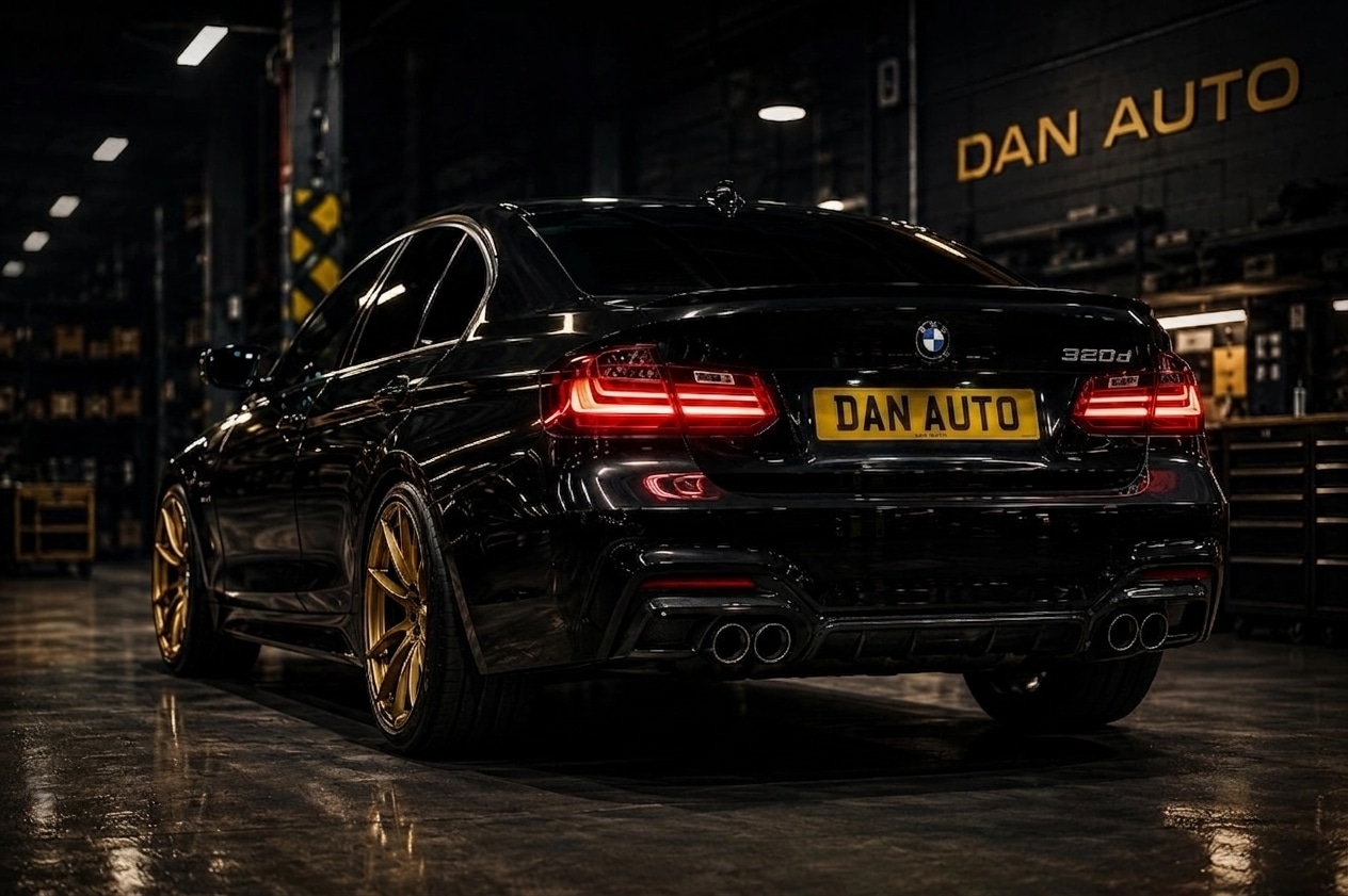 Black BMW 320d with gold wheels in Dan Auto workshop.