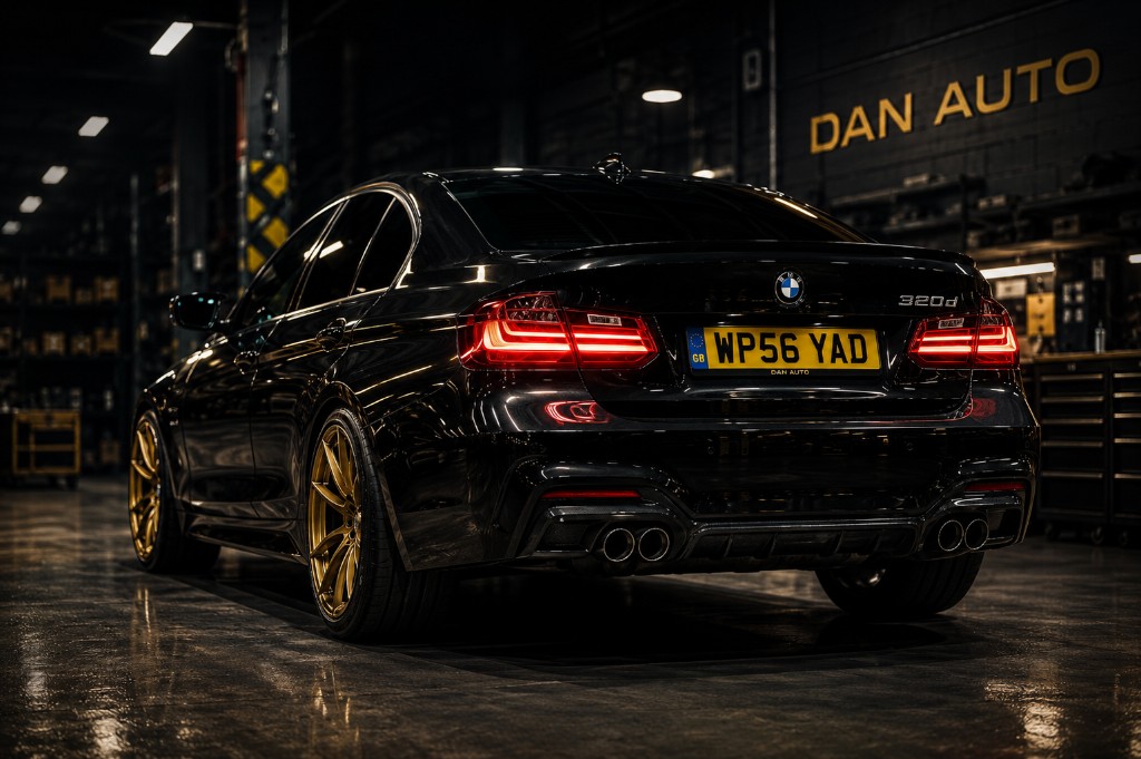 Black BMW 320d with gold wheels in Dan Auto workshop.